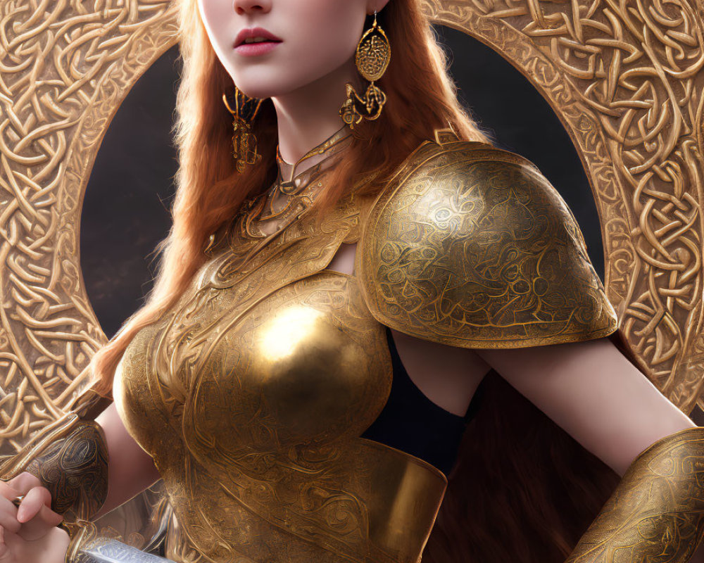 Red-haired woman in golden armor wields sword in front of intricate circular backdrop