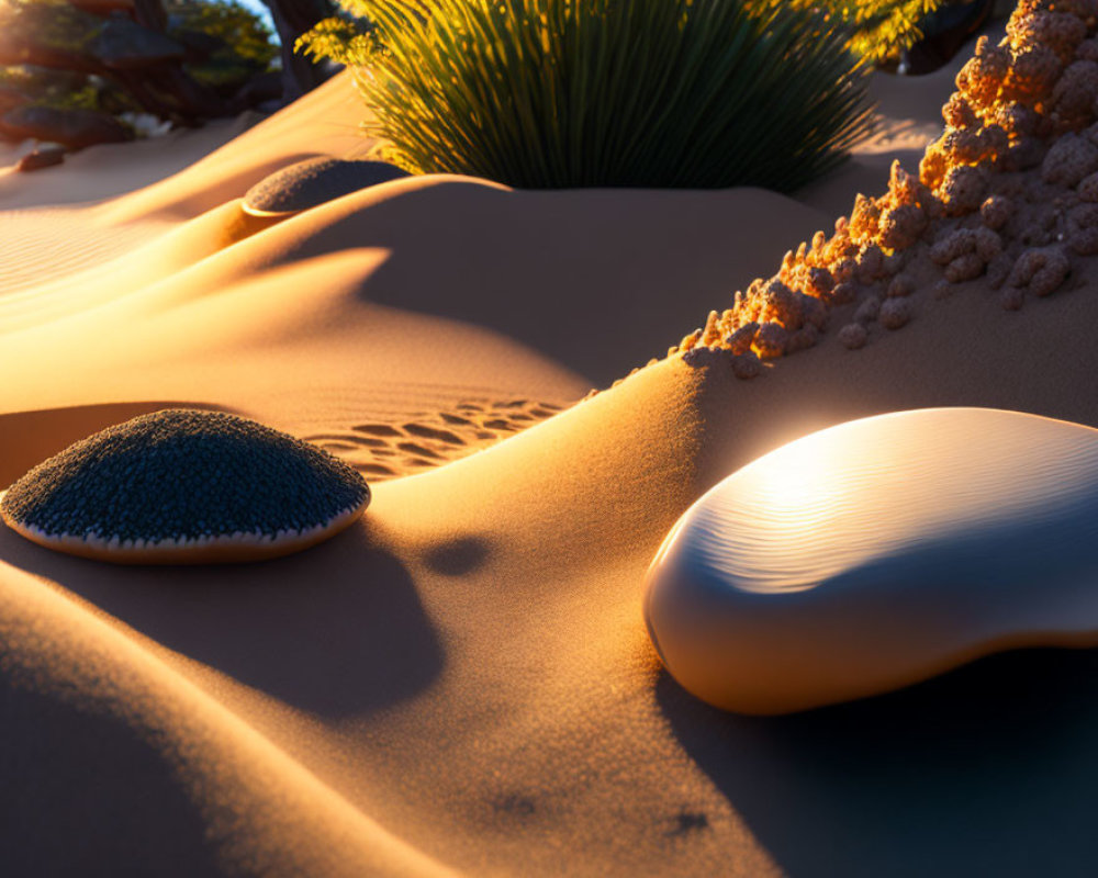 Scenic sunset over sand dunes with smooth stones and plant life