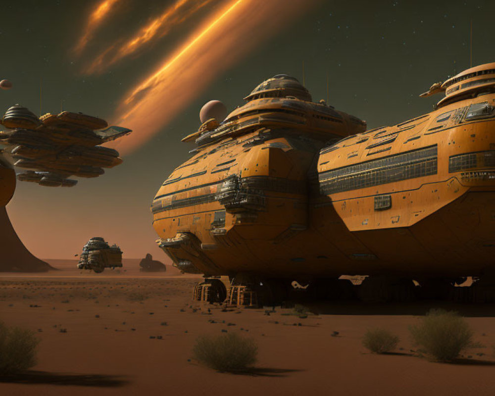 Orange Spaceships Landing on Desert Planet with Meteor and Moons in Sky
