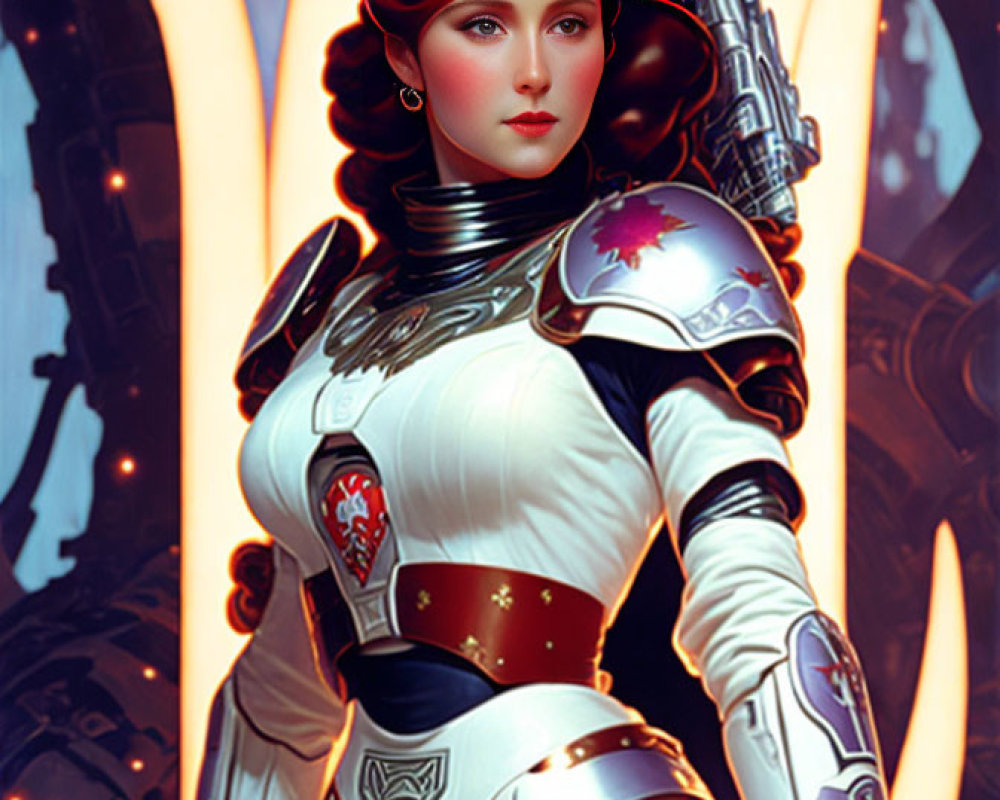 Futuristic woman in white-and-red armor suit with blaster and medieval fantasy flair