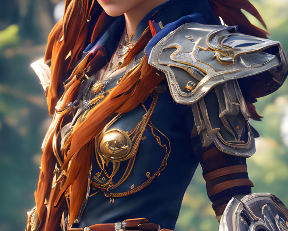 Armored female elf with red hair in blue and gold attire holding shield with tree emblem