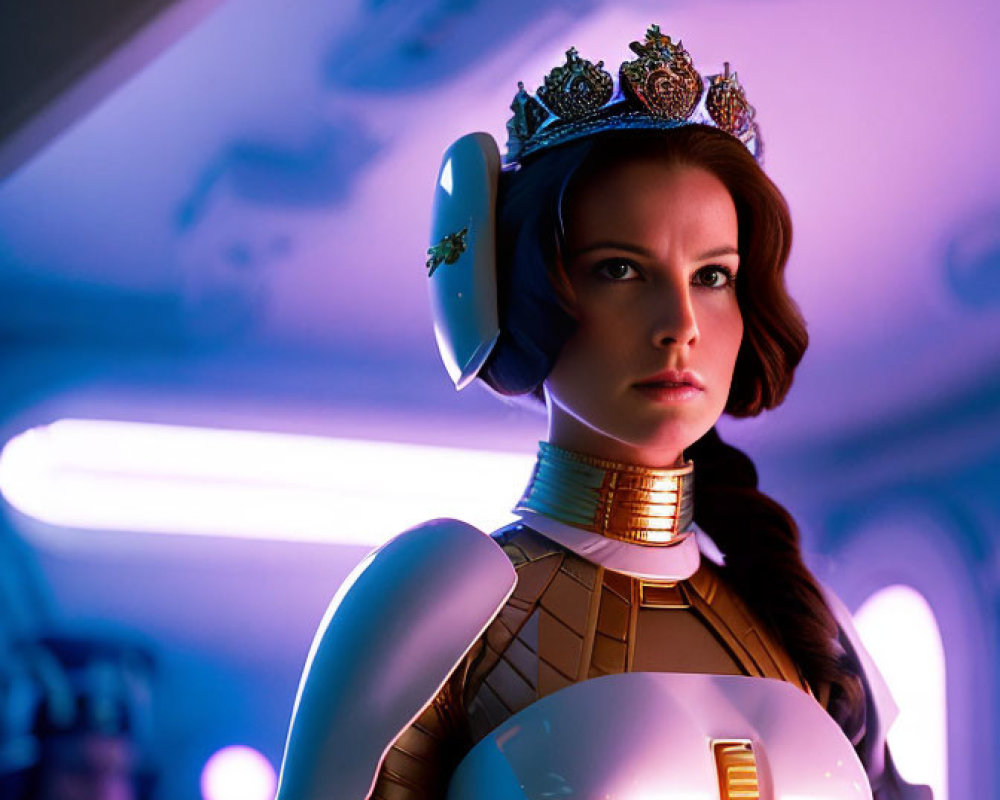 Woman in ornate crown and futuristic armor in spacecraft with purple lighting.