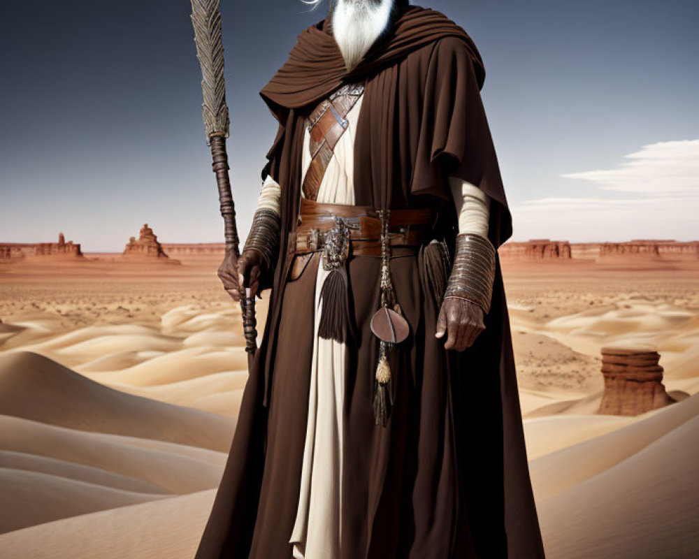 Elderly man with white hair in brown robes in desert landscape