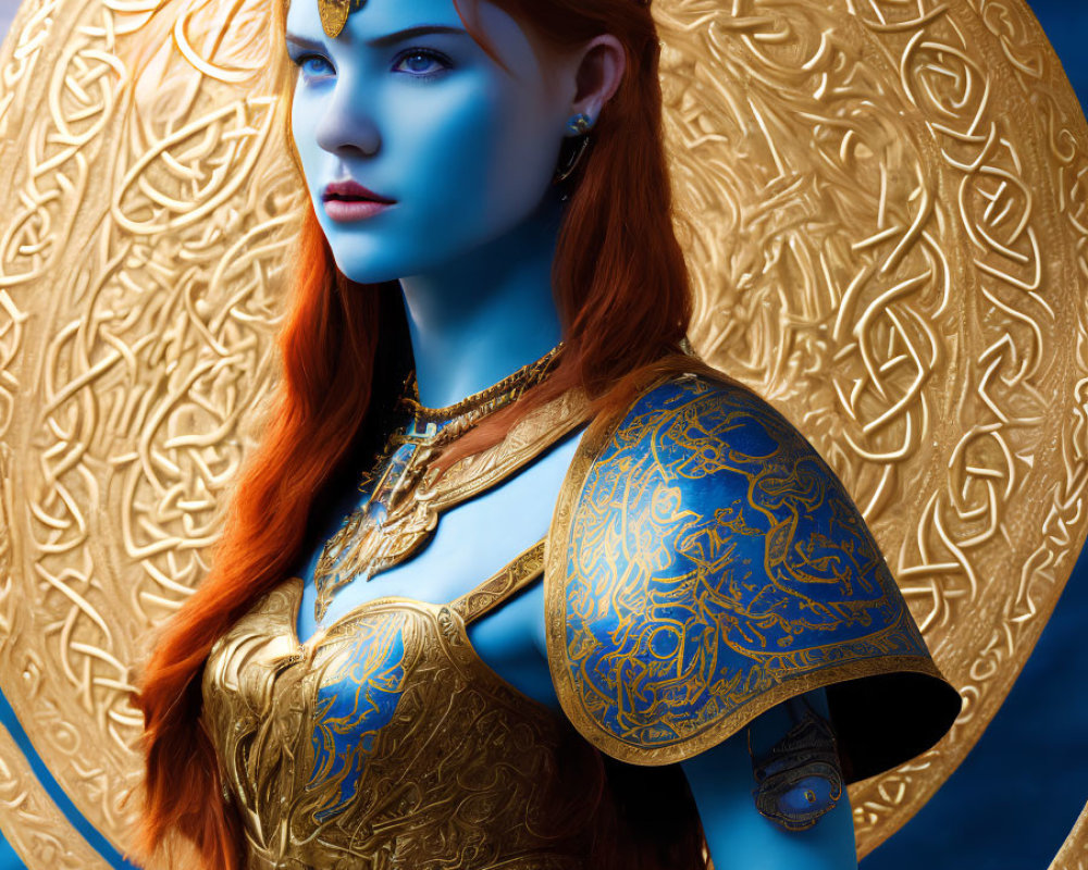 Fantasy Art: Blue-skinned Woman in Golden Armor on Celtic Knotwork Background