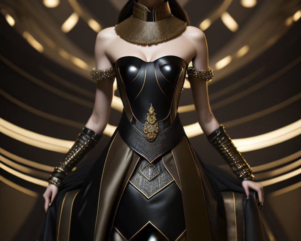 Elegant Woman in Black and Gold Costume with Crown and Cuffs