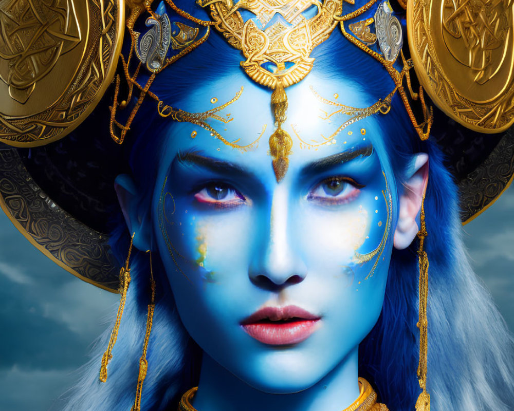 Fantasy female character with blue skin and gold headgear in cloudy sky setting