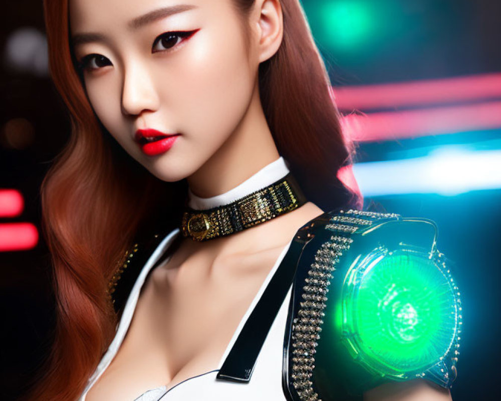 Woman with Red Hair in Futuristic Outfit and Neon Lights