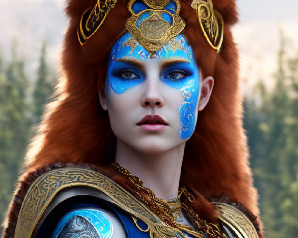 Woman in Blue Face Paint and Bear Headdress in Forest Setting