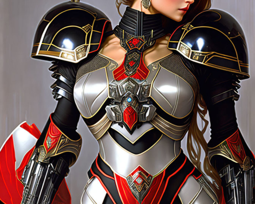 Digital artwork: Woman in futuristic knight armor with red accents and floral headpiece