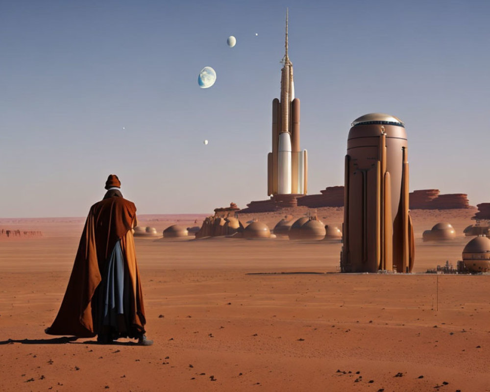Figure in cape gazes at futuristic city on desert planet with multiple moons