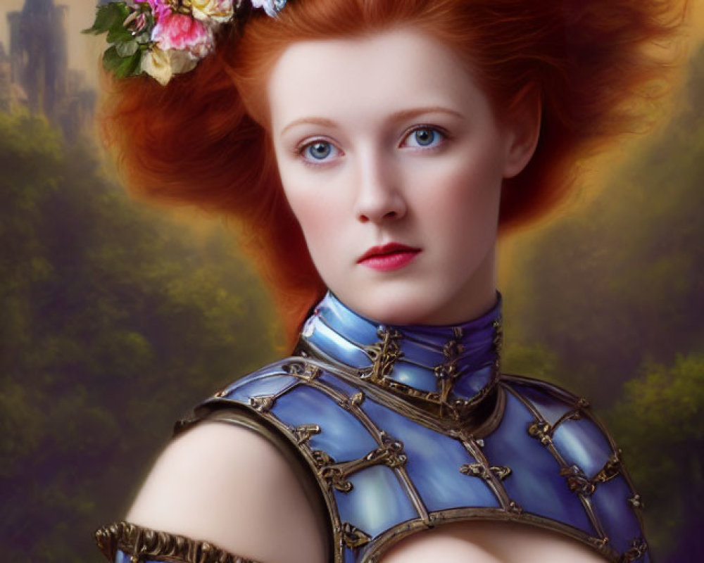 Vibrant red-haired woman in blue medieval armor with flower crown in digital artwork