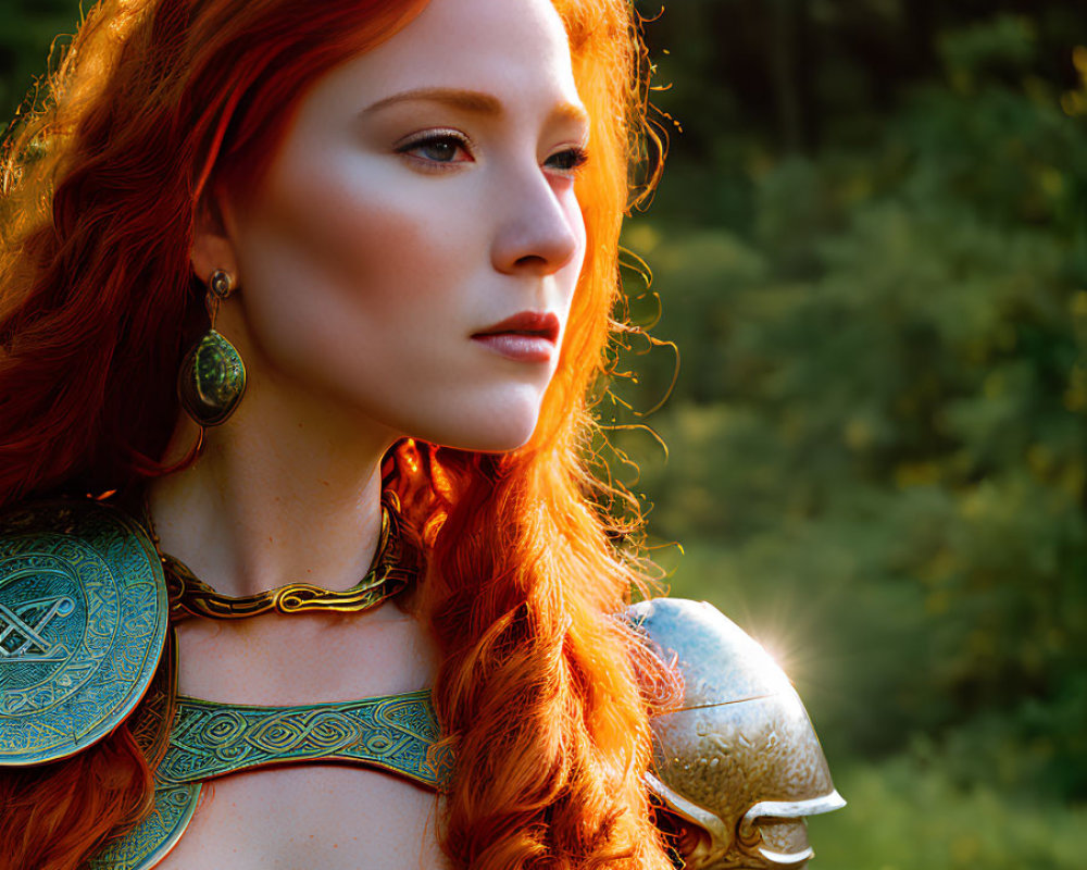 Fiery red-haired woman in ornate armor under warm sunlight in lush setting
