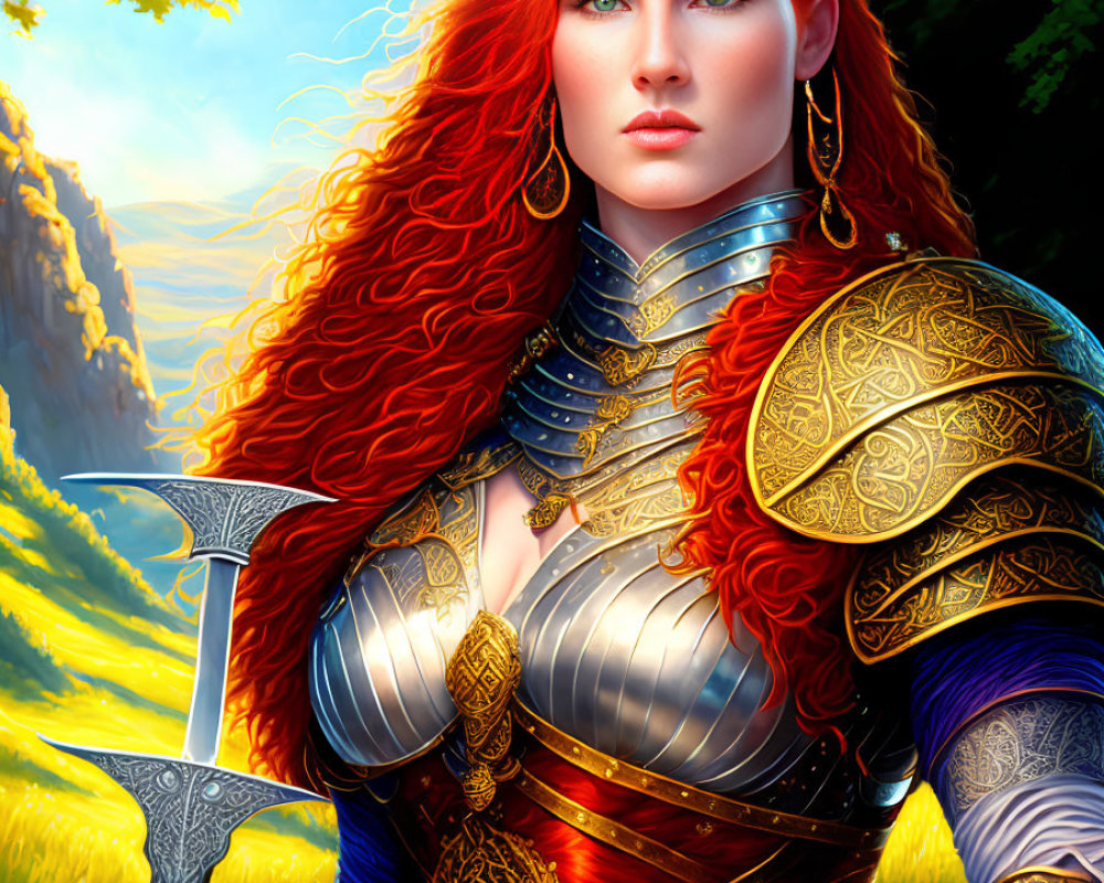 Vibrant artwork of woman in golden armor with axe in scenic landscape