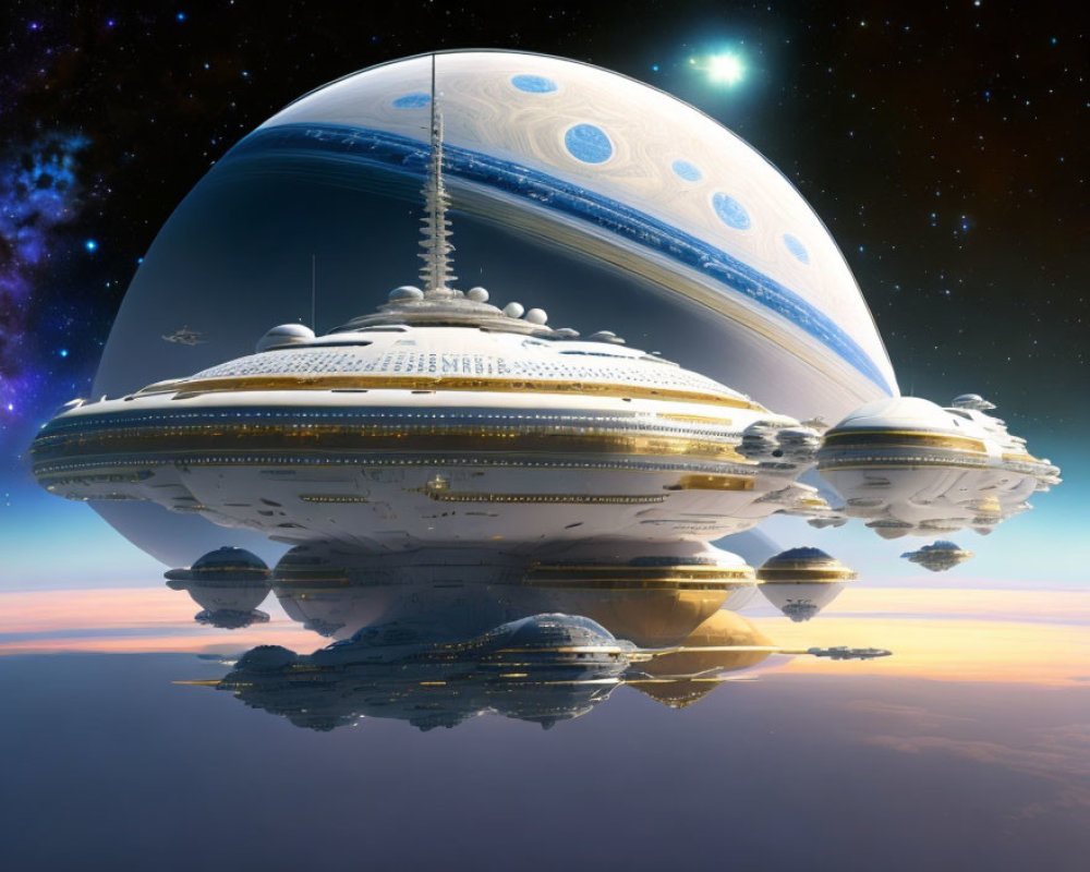 Detailed futuristic spaceship above planet with Jupiter and stars in background
