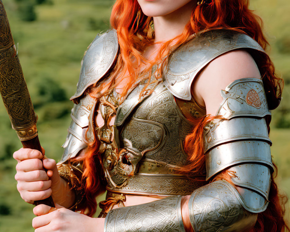 Red-haired woman in silver armor wields sword against green landscape