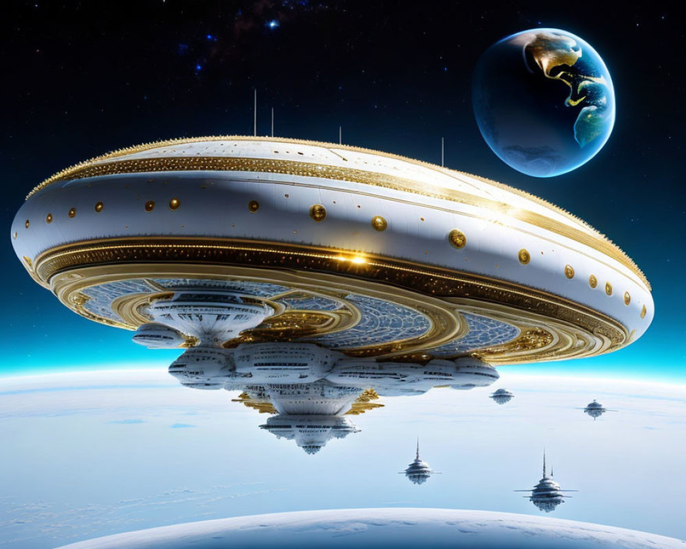 Golden spacecraft hovers above Earth with descending ships