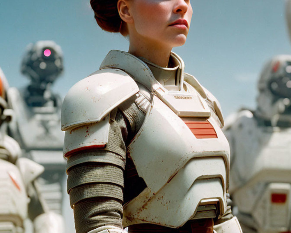 Woman in white futuristic armor with robotic figures on blue sky backdrop