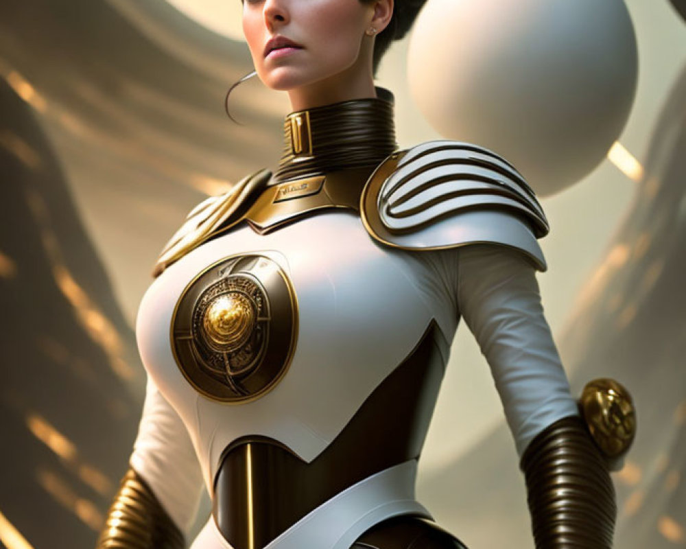 Futuristic white and gold suit with spherical shoulder pads on woman against architectural backdrop