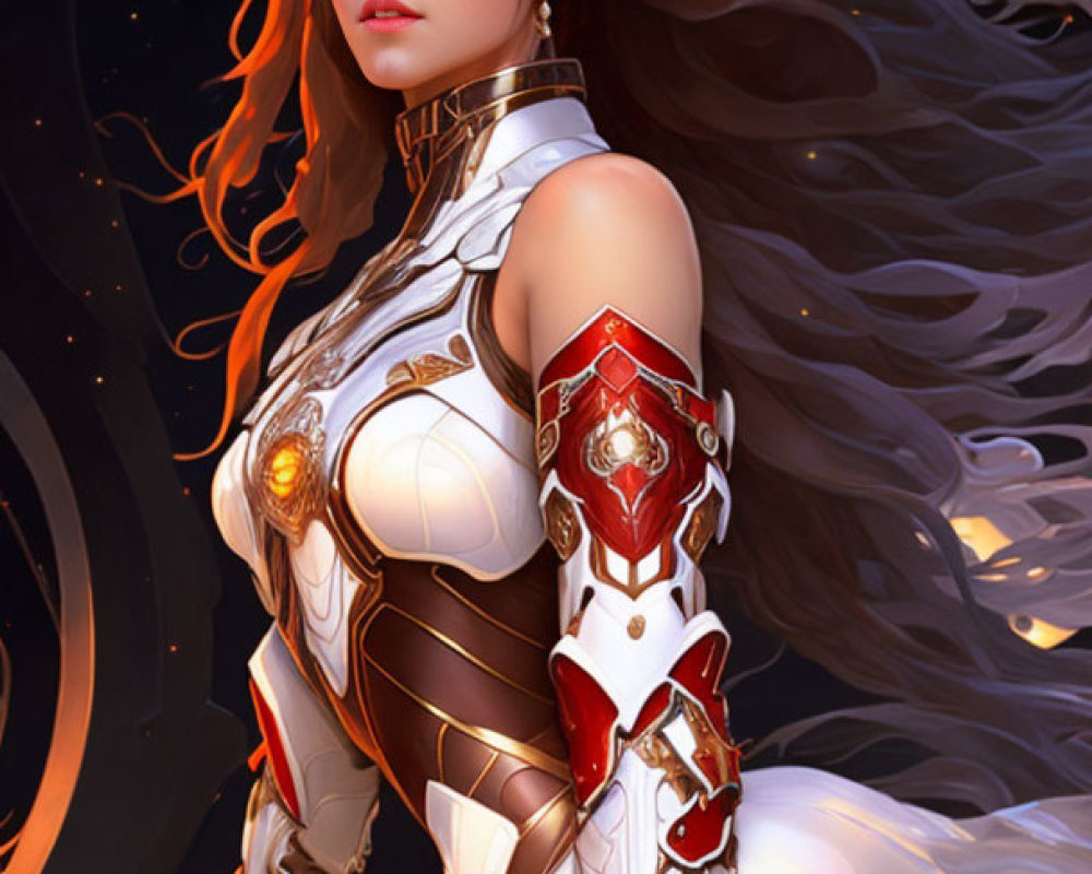 Female warrior digital artwork: ornate armor, flowing hair, starry backdrop