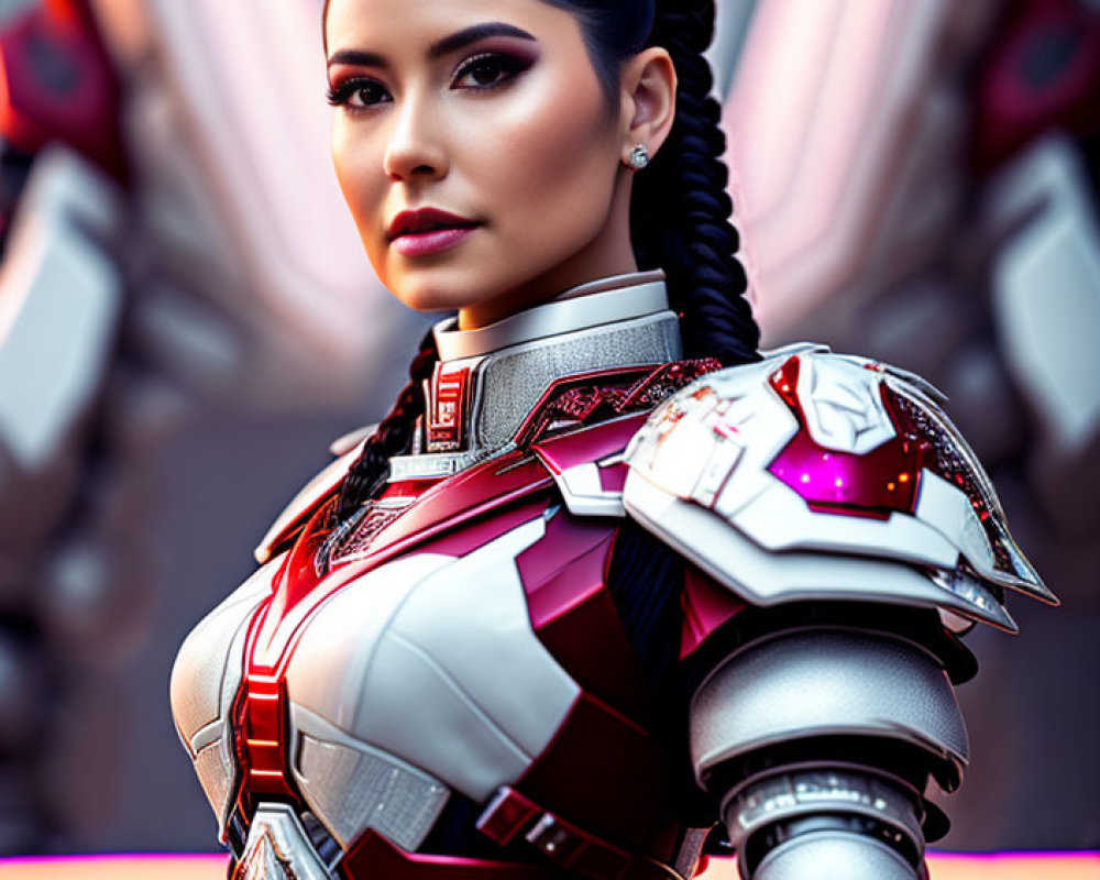Braided hair woman in futuristic armor with neon lights pose confidently