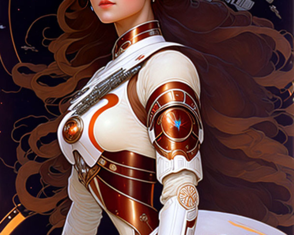 Futuristic digital artwork of a woman in armor with space station backdrop