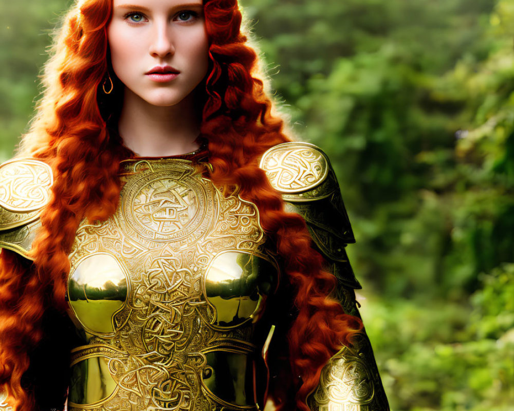 Golden-armored woman with red hair in forest setting