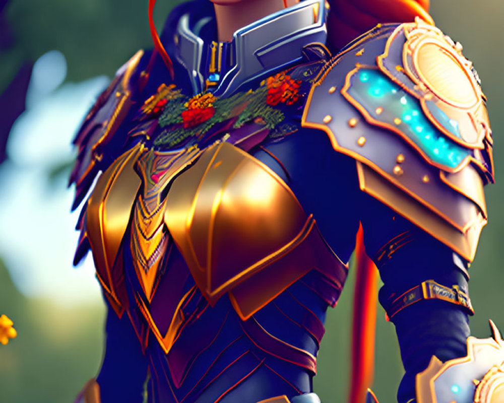 Elf warrior digital artwork: red hair, golden armor, intricate headpiece, forest setting