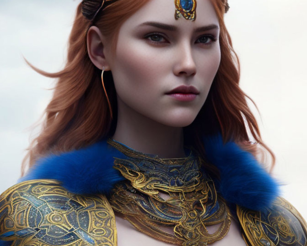 Regal figure in red hair, golden armor, and gemstone crown