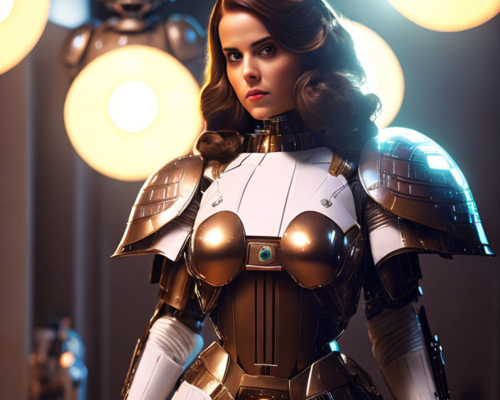 Futuristic woman in white-and-gold armor with glowing orbs and robot.