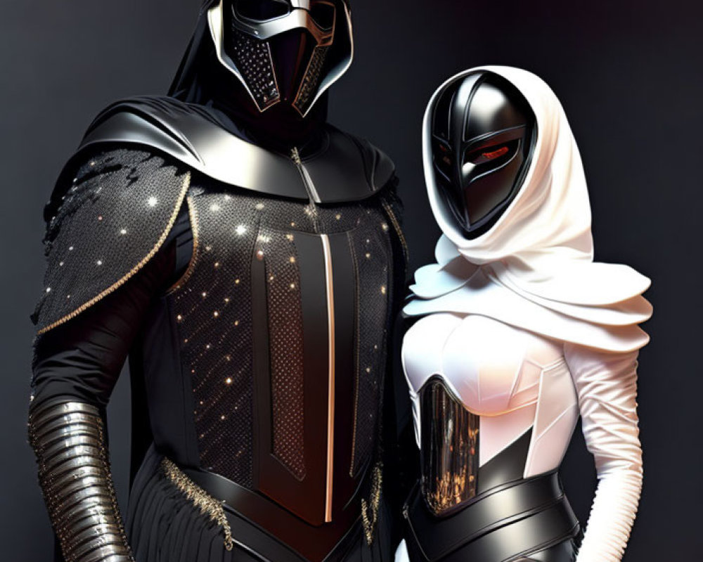 Futuristic black and white armored characters with golden chandelier on dark background