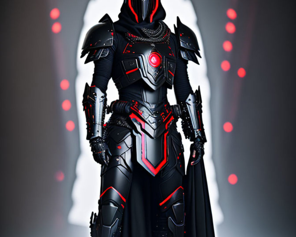 Futuristic knight in black and red armor with glowing lights against illuminated backdrop