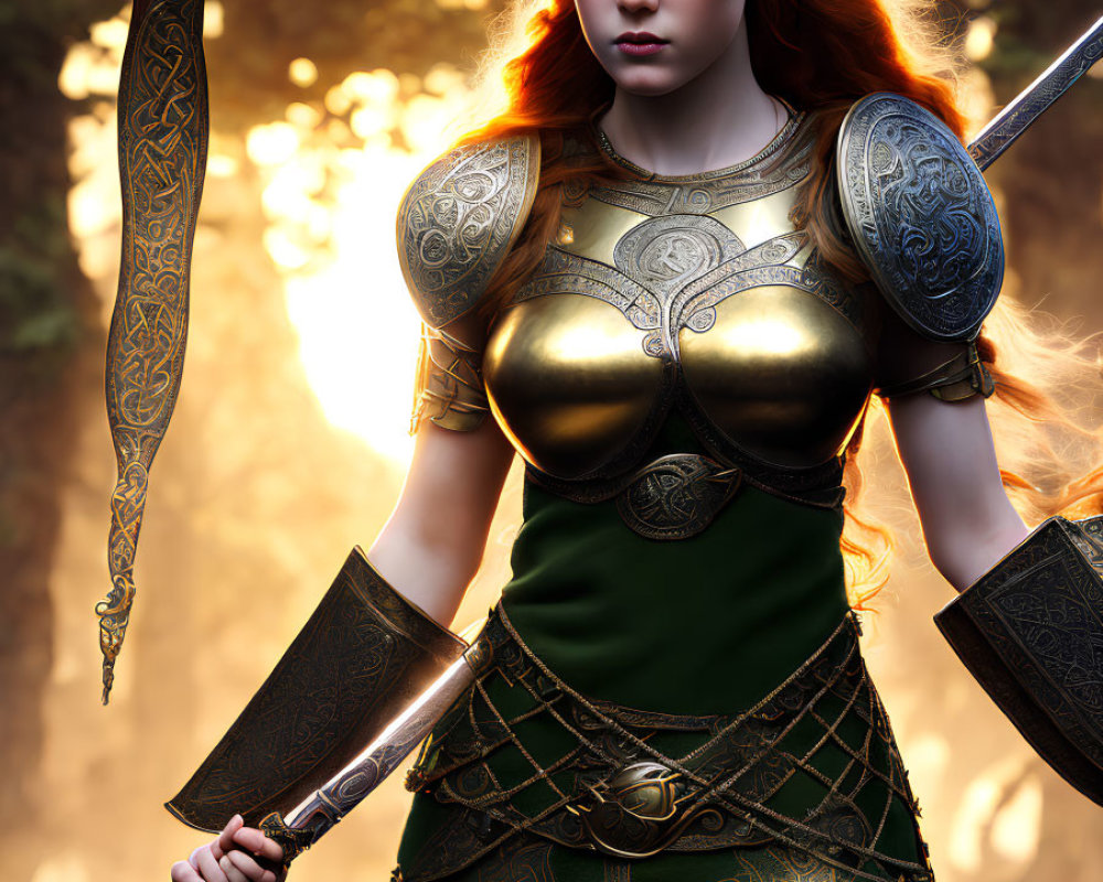 Red-haired warrior in golden armor wields spear in enchanted forest