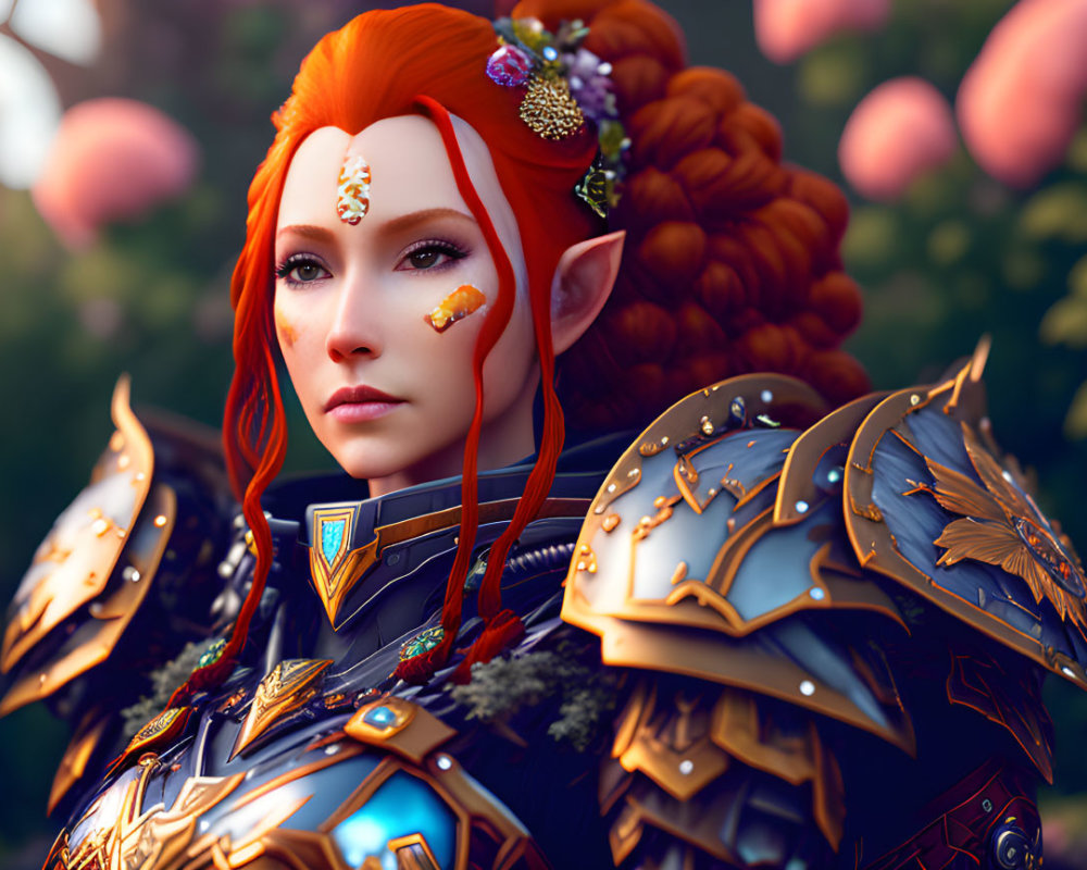 Fantasy elf portrait with red hair, jewels, golden armor, and pink blossom backdrop.
