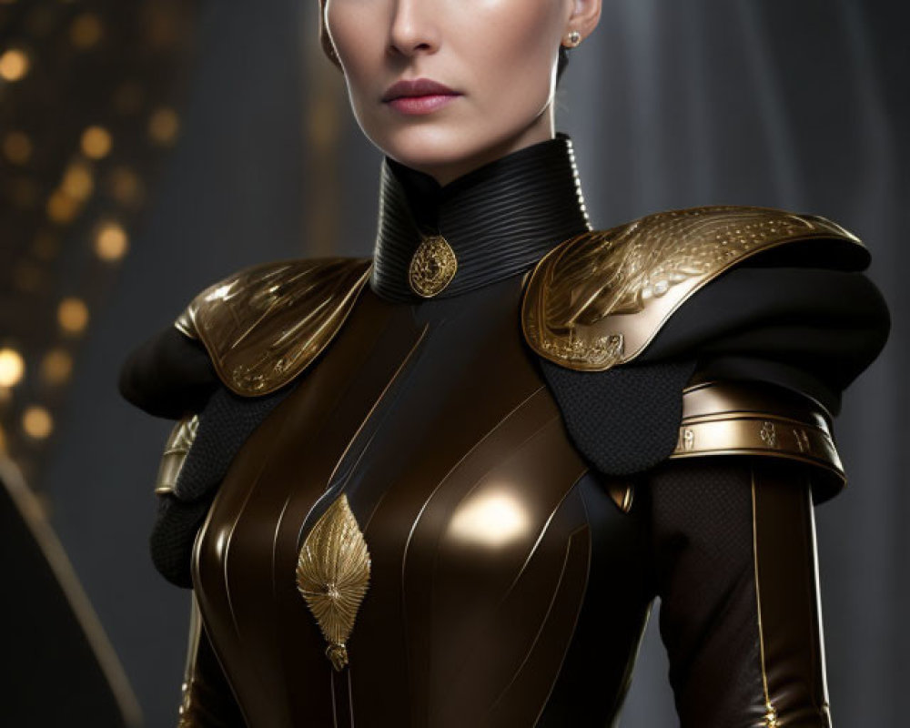 Elaborate Black and Gold Armored Outfit on Poised Woman