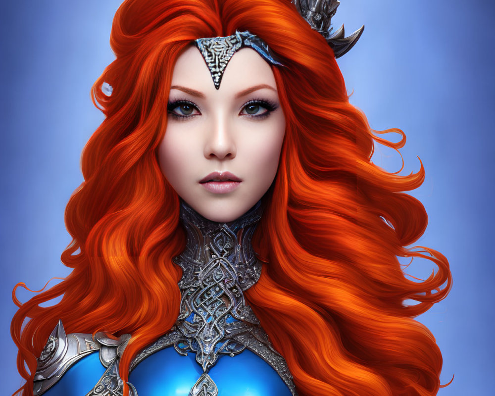 Fantasy female warrior digital art portrait with red hair and silver armor on blue backdrop