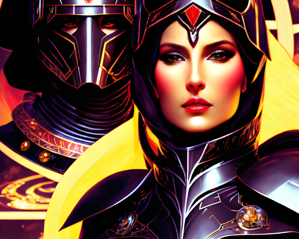 Stylized male and female characters in futuristic armor on fiery background
