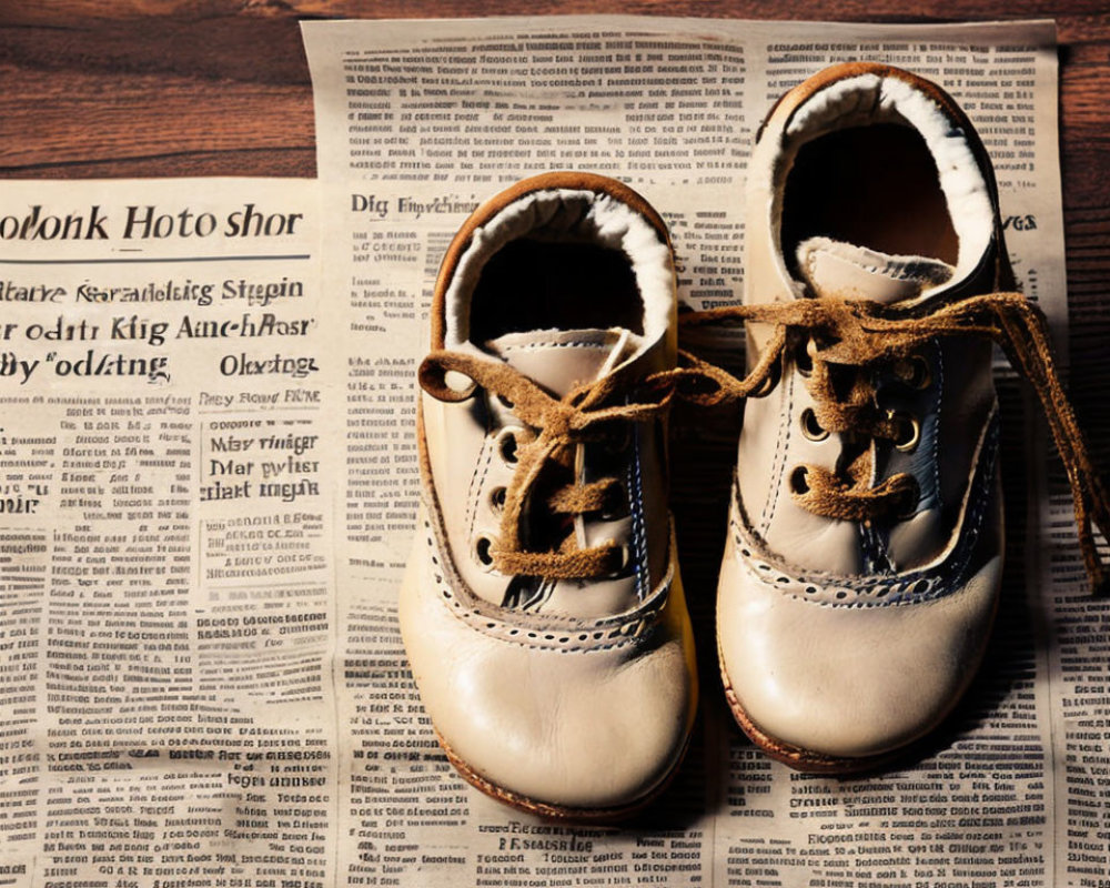 Vintage Baby Shoes Resting on Newspaper on Wooden Surface