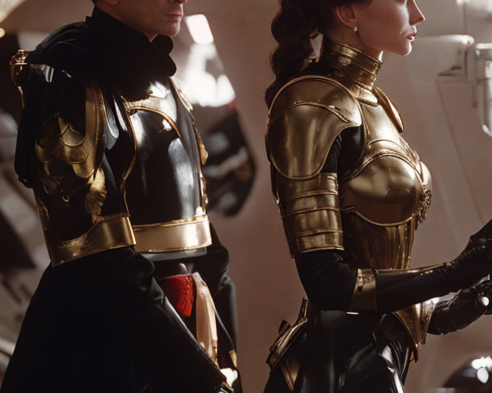 Golden-armored individuals in sci-fi spacecraft hallway.