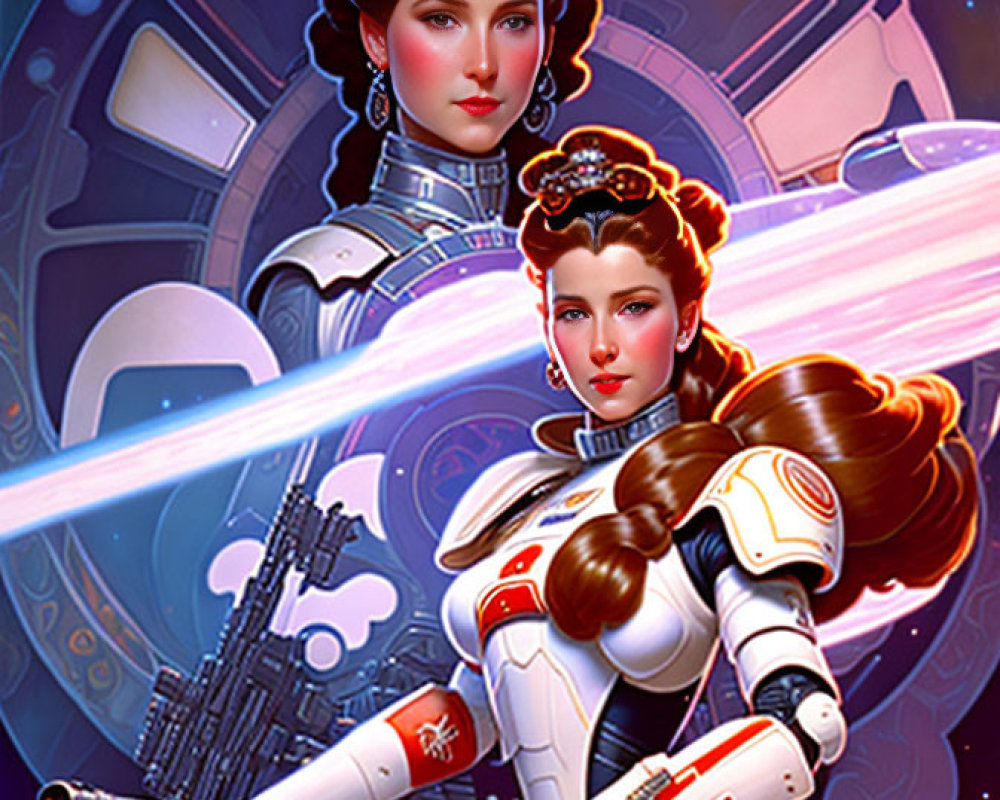 Futuristic female character in sci-fi space suit with weapons on cosmic background