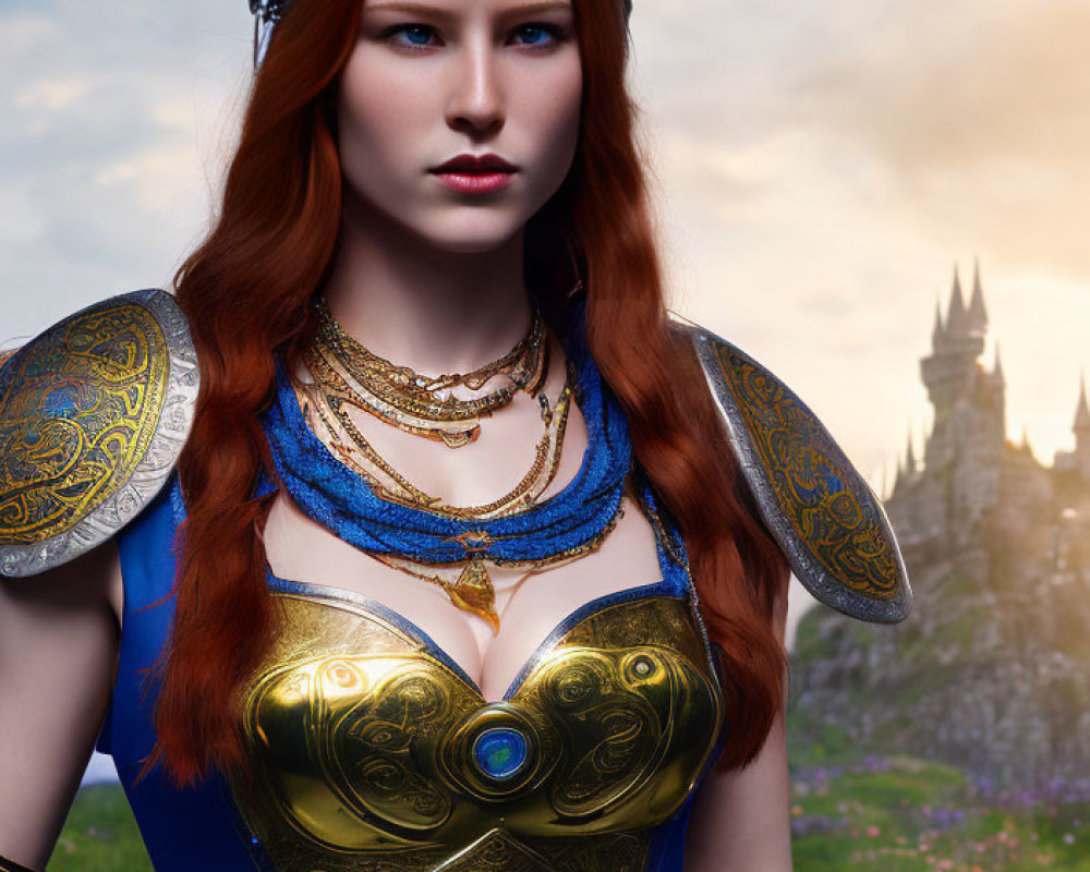 Red-haired woman in golden crown and armor at sunset castle