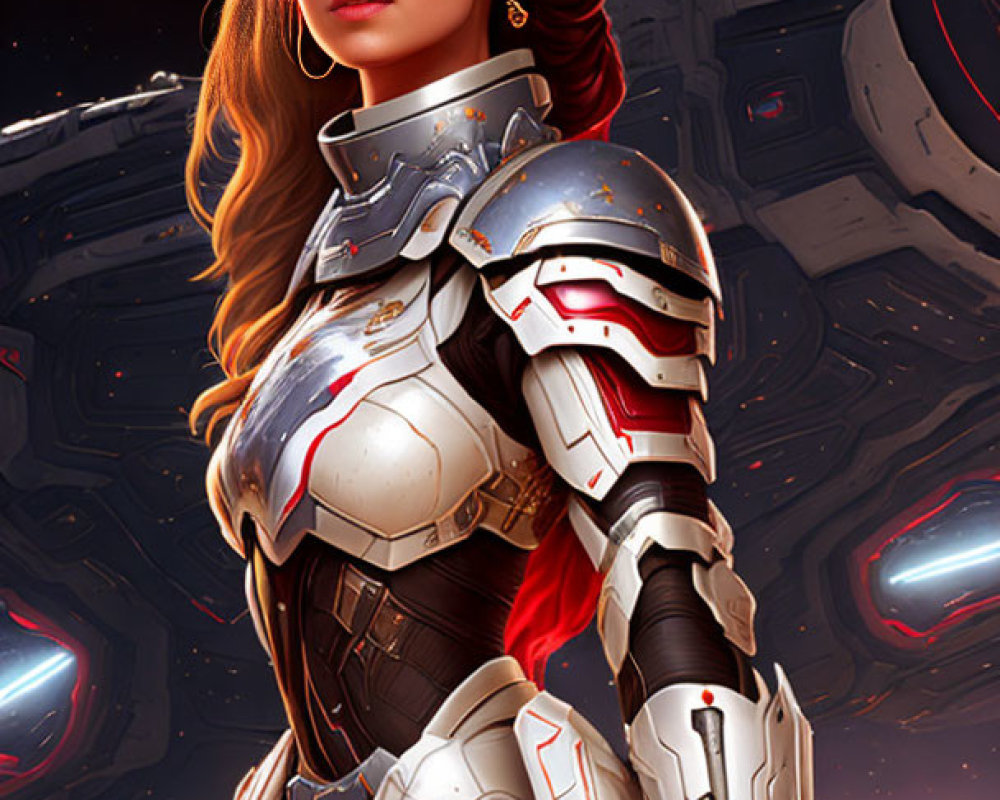 Sci-fi digital art: Woman in brown hair with futuristic armor and machinery.