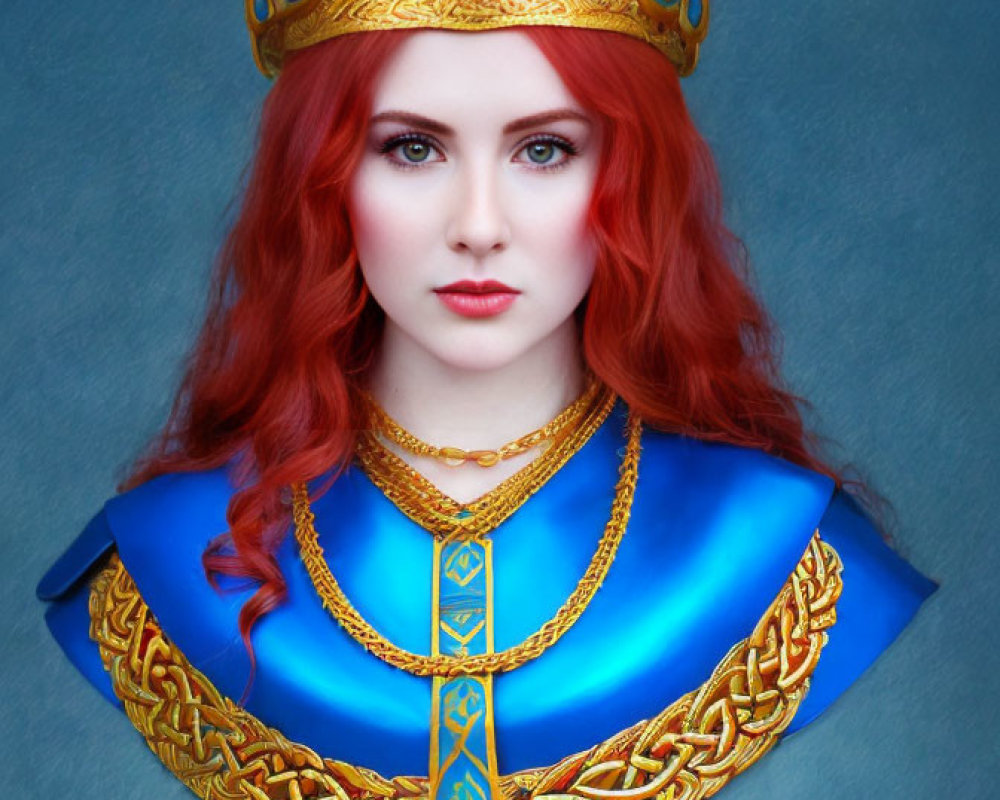 Red-haired woman in regal blue and gold costume with crown.