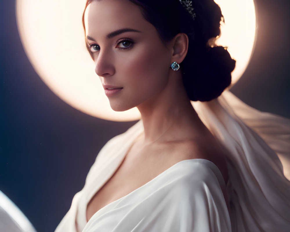 Elegant woman with tiara and earrings in backlit halo effect wearing white garment
