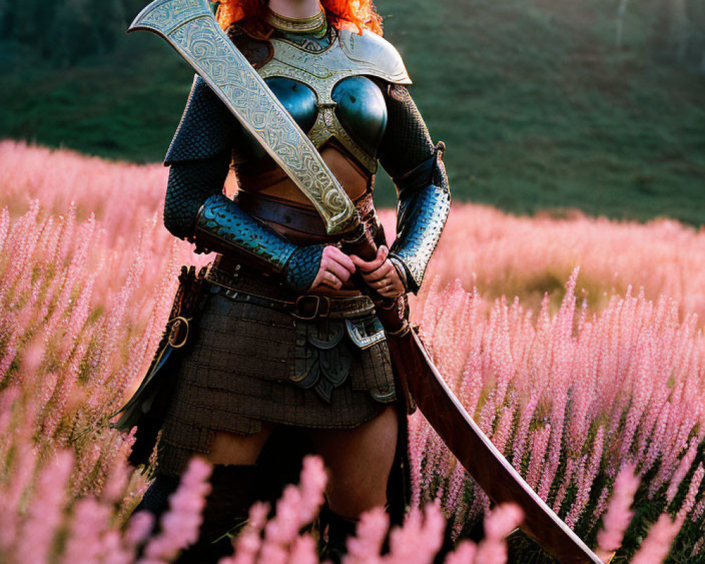 Warrior woman with red hair in armor, sword in hand, in flower field.