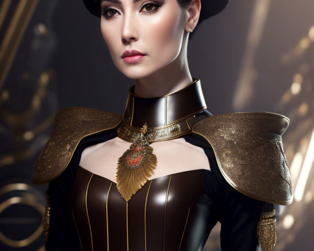 Futuristic black and gold costume with shoulder armor on woman
