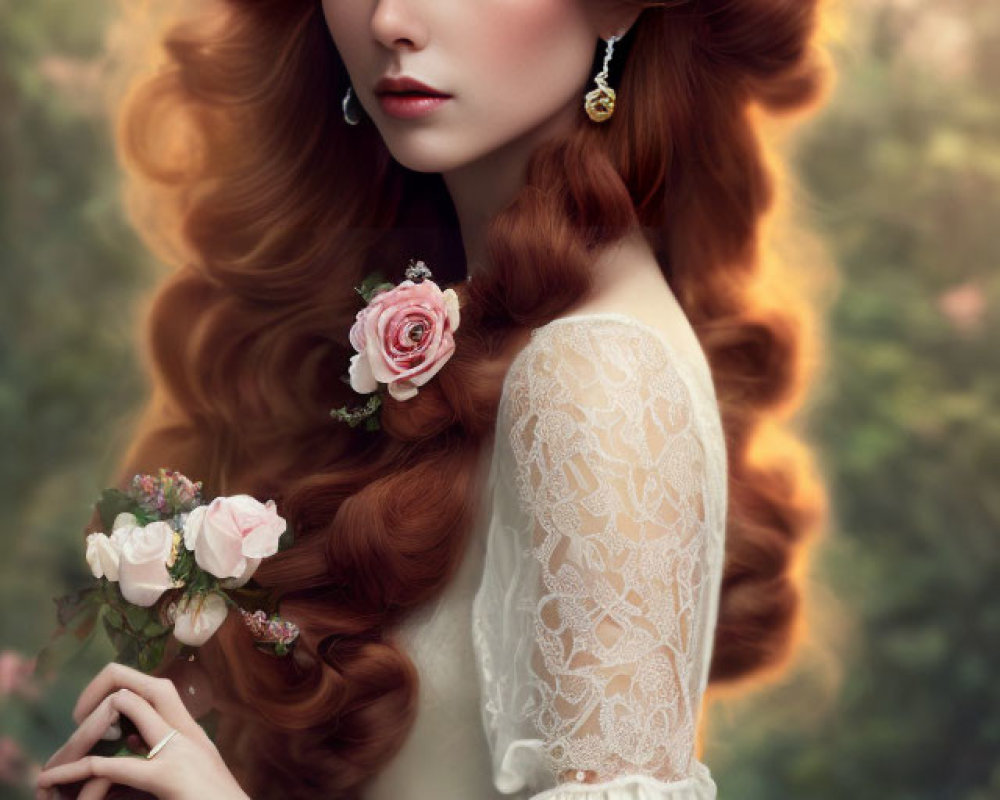 Red-haired woman in floral crown and lace dress in dreamy forest setting