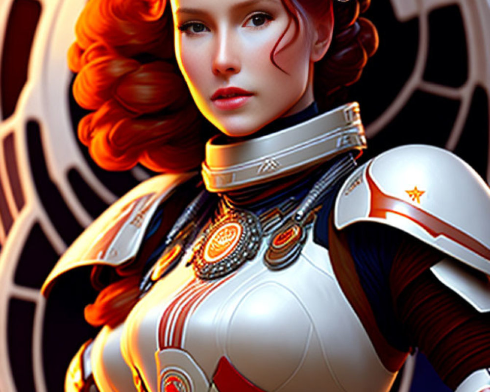 Digital artwork of a woman in futuristic white armor with red accents, standing by ornate circular design
