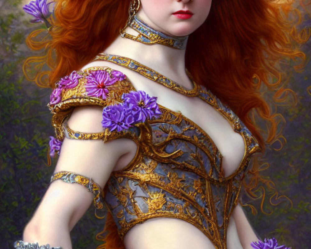 Digital artwork: Woman in red hair, gold & blue medieval armor with purple flowers, in natural setting