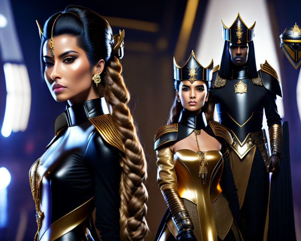 Three futuristic individuals in black and gold armor with intricate helmets and glowing blue lights.