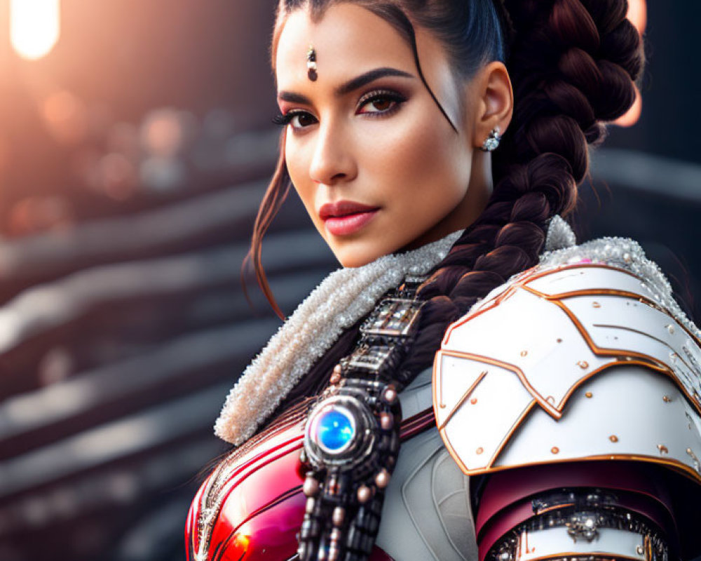 Elaborate braid and futuristic armor on woman in glowing elements.
